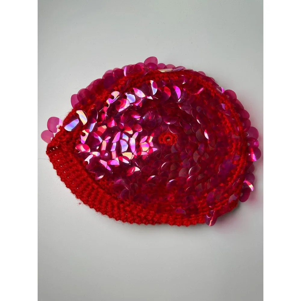 Vintage 1960s Red Wool Knit MOD Hat Large Pink Sequins Futuristic Made in Italy